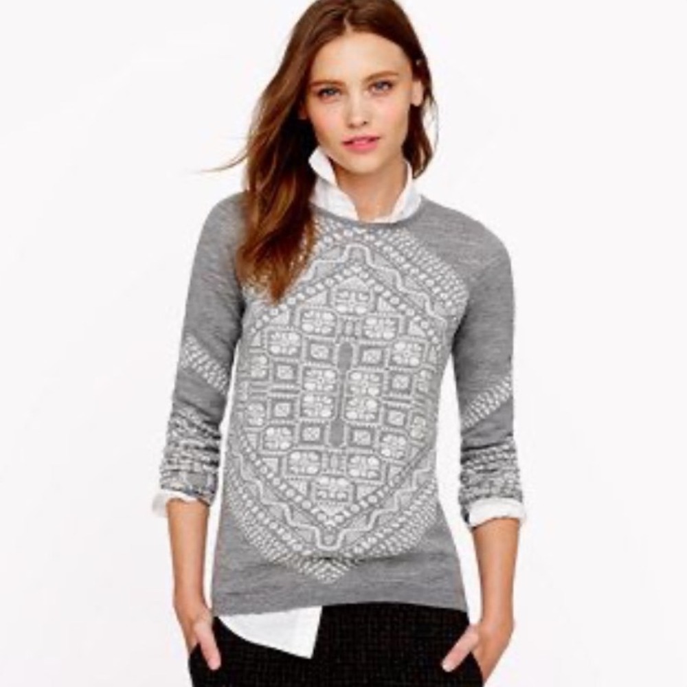 J.Crew Merino Wool Medallion Intarsia Sweater Gray White 03299 Womens‎ Large